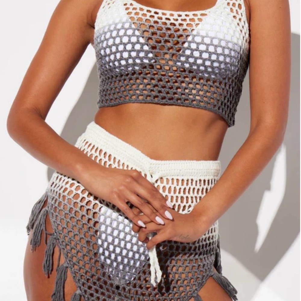 Fashion Nova Cream and Gray Crochet Skirt Set - Picture 3 of 9